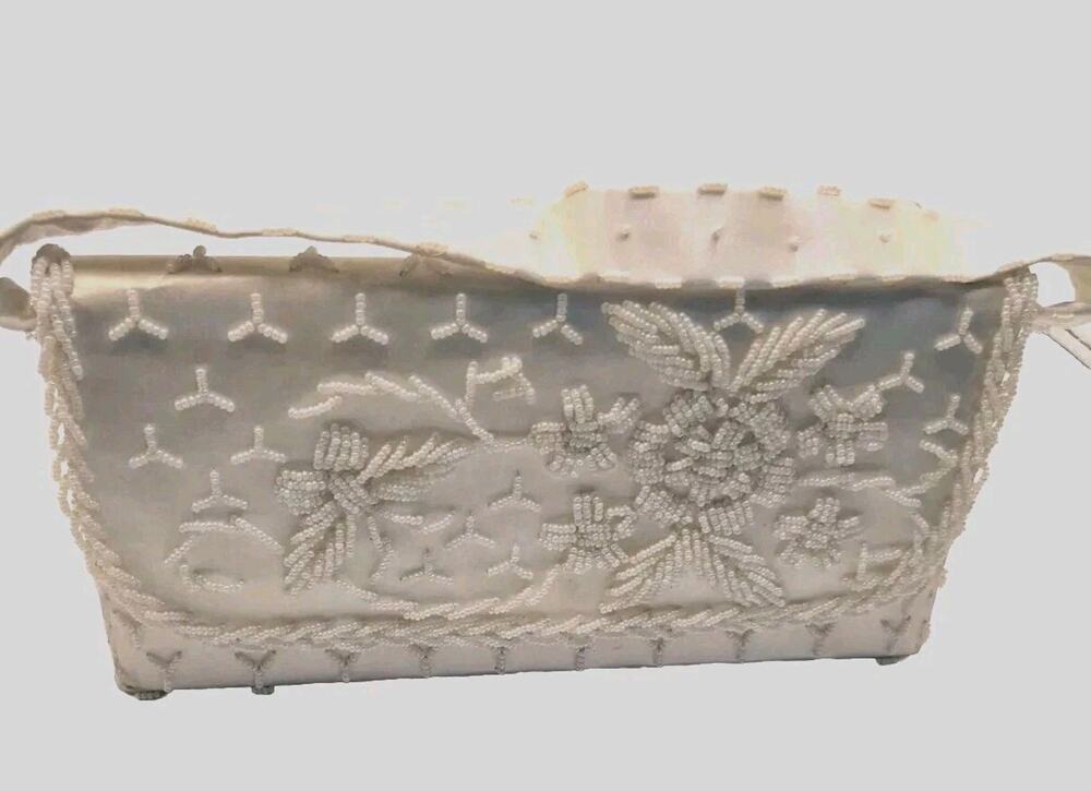 Vintage MCM Ivory Beaded Satin Clutch Removable Strap MM Kane Wedding Hong Kong